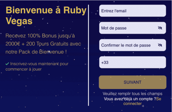 Registration at Ruby Vegas casino